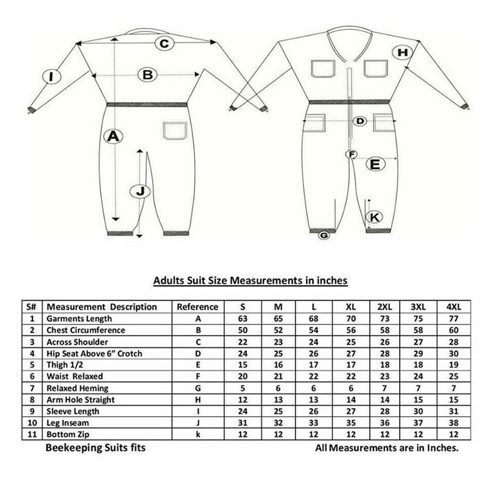 Adults Beekeeping Suite Size Chart